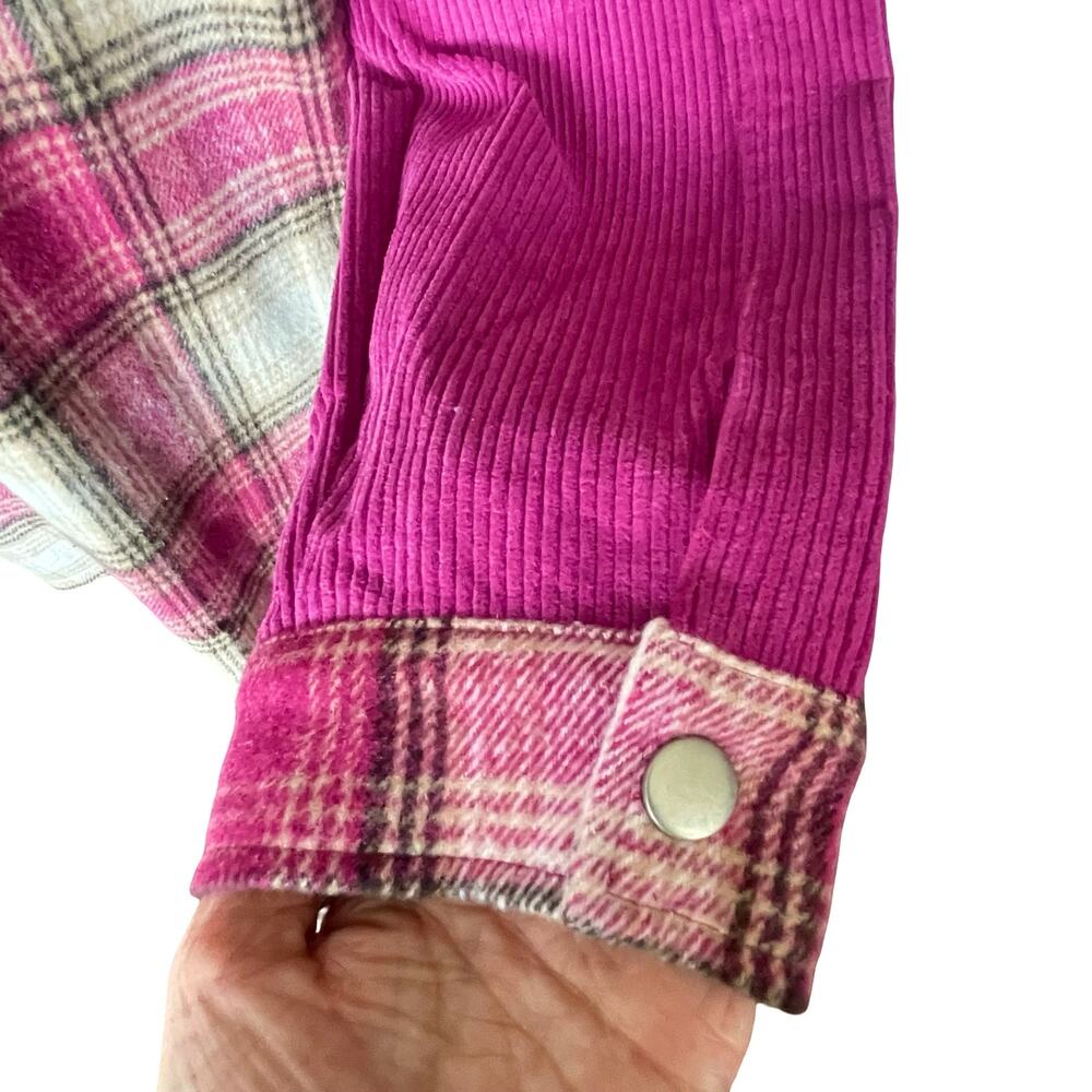 Umgee Bright Pink & White Plaid Corduroy Shacket Size L Fringed Boho Festival - Picture 9 of 11